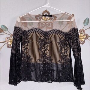 Akira Chicago Black Label Nude Black Mesh Lace Blouse Size Small